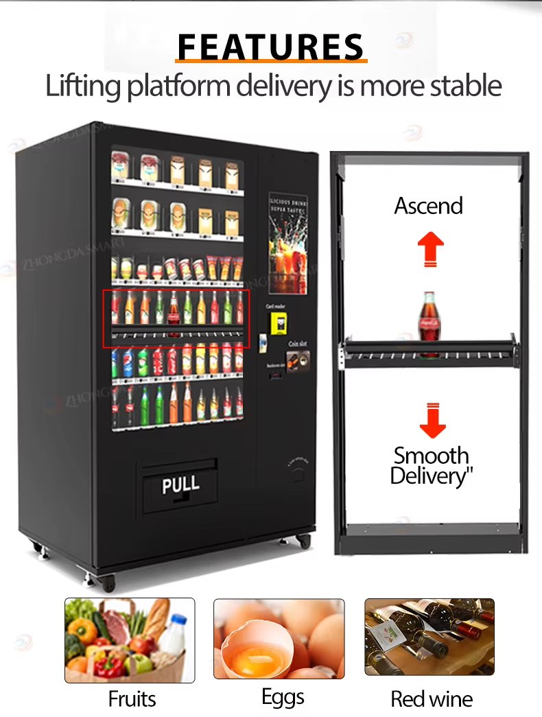 Commercial refrigerated vending machine with elevator system